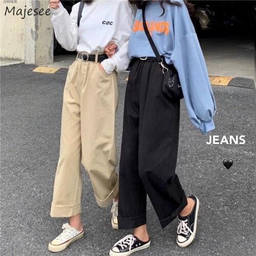Simple Women Pants Solid Streetwear Pockets All-match Sashes Full-length High Waist Fashion Vintage Cool Students Harajuku Loose