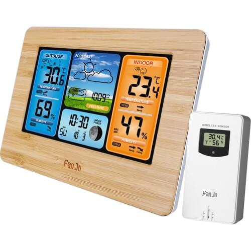 FJ3373 Digital Temperature Humidity Sensor Weather Station Electronic Desk Table Clock With Wireless Sensor USB Power Cord