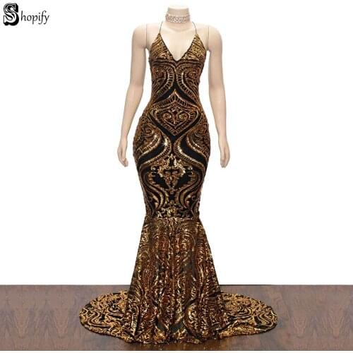 Long Sparkly Prom Dresses 2020 Sexy Mermaid Spaghetti Strap Backless Golden African Backless Ladies Prom Dress Party