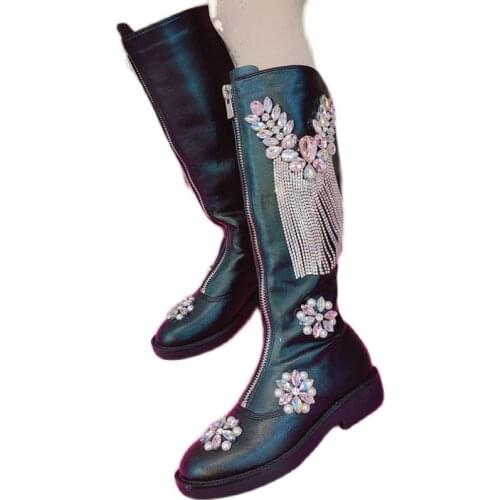 Gem Rhinestones Knee High Boots Women Leather Crystal Tassels Motorcyle Boots 2020 Luxury Diamonds Autumn Winter Shoes Woman
