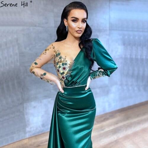 Dubai Green Satin Long Sleeves Evening Dresses 2020 Mermaid Beading Flowers Formal Gown Party Design Serene Hill BLA70509