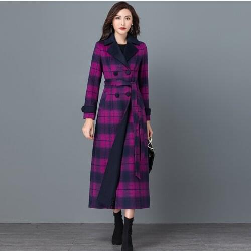 Elegant Plaid Women Fashion Woolen Coats Ladies Casual Turn-down Collar X-Long Coats Female Warm Outwear S/XXXL