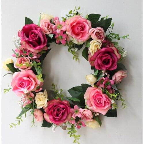 Simulation Rose Flowers Pink Rose Wreath for Home Door Decorations Wedding Flower Garland for Christmas Window Decor Supplies