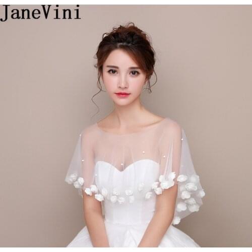 JaneVini Elegant White Bridal Bolero Women Mariage Lebanon Wedding Shrug Shawl 3D Flowers Sheer Tulle Bride Wraps Capes Cover