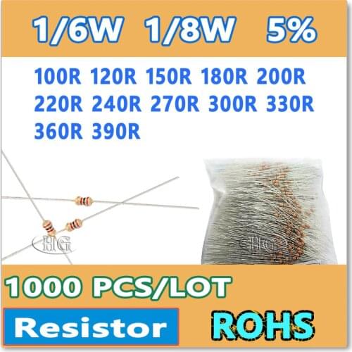 JASNPROSMA 1000PCS/LOT 5% 1/6W 1/8W 100R 120R 150R 180R 200R 220R 240R 270R 300R 330R 360R 390R carbon film DIP OHM Resistor