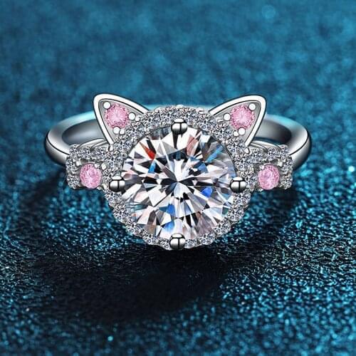 Silver 925 Original Brilliant Cut 2 Carat Diamond Test Past D Color Moissanite Cute Pink Cat Ring for Girls Gemstone Jewelry