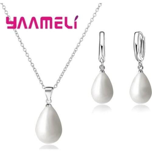 Trendy Jewelry Sets Wedding 925 Sterling Silver Drop Earrings Simulated Pearl Jewelry Set Women Necklace Set Bijoux