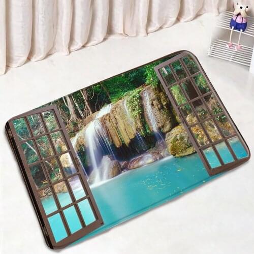 Window Outside Forest Waterfall Bath Mats Kitchen Mat Green Plants Trees Natural Scenery Door Pad Bathroom Floor Foot Rugs Decor