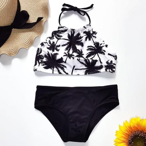5-14 Years Girl Swimsuit Kids Palm Tree Teenage Girl Bikini Set Halter Top Two Piece Childrens Swimwear BIg Girls Bathing Suit