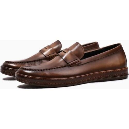 Fashion brown Loafers Genuine leather Casual Shoes Mens Shoes Slip on Doug shoes elastic Men Shoes