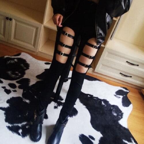 New Gothic Rock Punk Women Black Sexy Dancer Pants Female Trousers Elastic PU Leather Buckle Hollow Out Skinny Pencil Pants