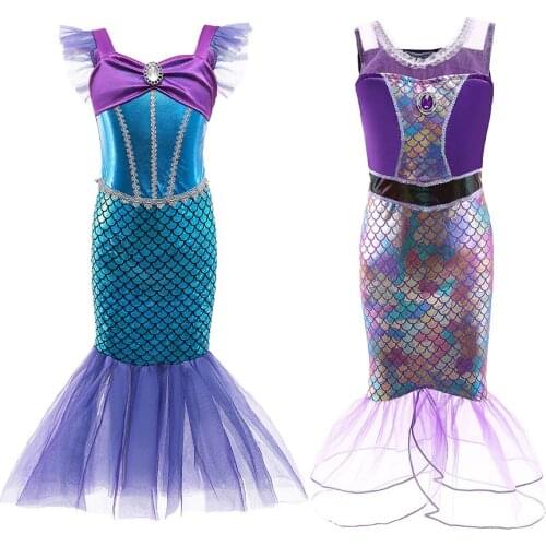 3-8 Years Baby Girl Mermaid Dress Ariel Cosplay Costume Kids Princess Dress Children Halloween Christmas Costume Mermaid Wig