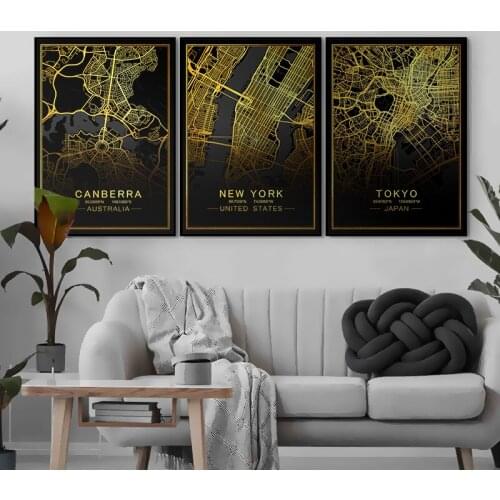 Gold Black World City Map Posters and Prints Canvas Painting Paris London Nordic Wall Art Pictures for Living Room Home Decor