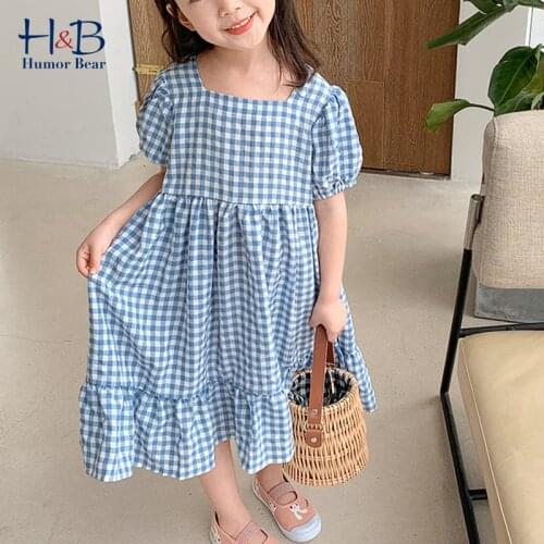 Humor Bear Girls Dress 2021 Summer New Puff-Sleeve Plaid Printed Kids Princess Dress Toddler Clothes For 2-6Y
