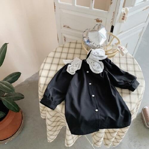 New 2021 Autumn Korean Style Baby Girls Princess Dress Lace Collar Toddlers Kids Clothes Long Sleeve Children Dresses