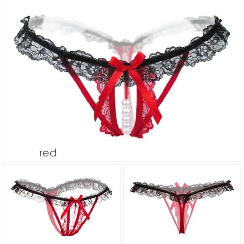 Sexy Lingerie Hollow Cross Lace Thong And Pearl String Womens Panties Elastic Bow Bandage Transparent Red Panty Low Waist LTY3