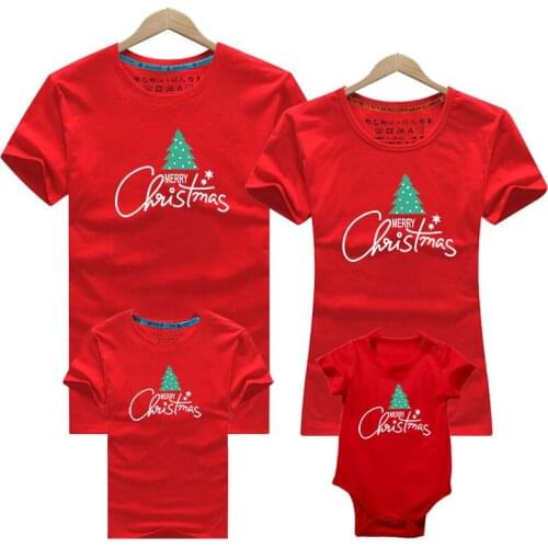 Family Merry Christmas Matching Clothes Mother Daughter Short Sleeve T-shirts Christmas Tree Print Tees Red Pajamas Top Family