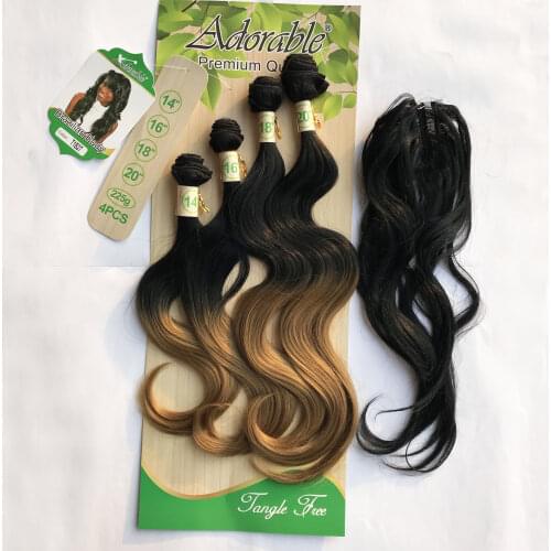 Adorable Synthetic Hair Extension Weave Bundles With Closure/ Brazilian Body Wave 4PCS+1 Set /14-20inch Natural Color African