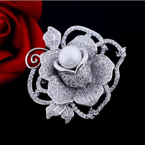 Luxurious Zircon Rose Flower Brooch Pin With Pearl For Women Unique Flower Basket Dandelion Rainbow Brooches Sweater Accessories