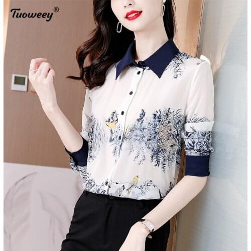 Women Chiffon office Blouse Summer 3/4 SLEEVE Print Tunic Casual Middle Tops Lady Blusa Femme Plus Size Vintage Ladies Blusas