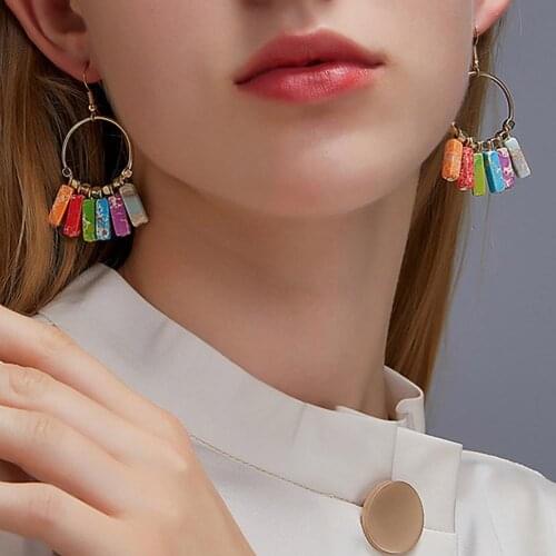 Women Bohemian Seven Chakra Colored Stone Alloy Earrings Ear Loop Jewelry Gift Earrings for Women earings