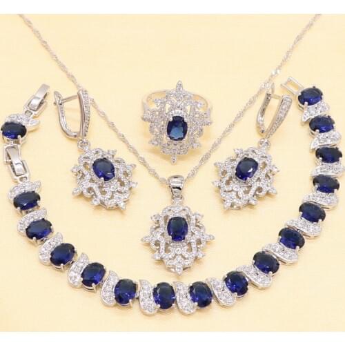 Blue Cubic Zirconia Silver Color Jewelry Sets For Women Earring Bracelet Ring Necklace Pendant Free Gift Box