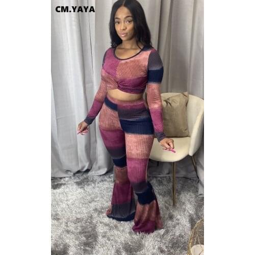 CM.YAYA Streetwear Striped Knitted Womens Set Long Sleeve Tops Flare Bell Bottom Pants Set Tracksuit Two Piece Outfit Active