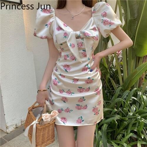 Women French Romantic Flower Mini Dress Square Collar Puff Sleeve Satin Floral Printed Dress Small Girl Slim Waist A Line Dress