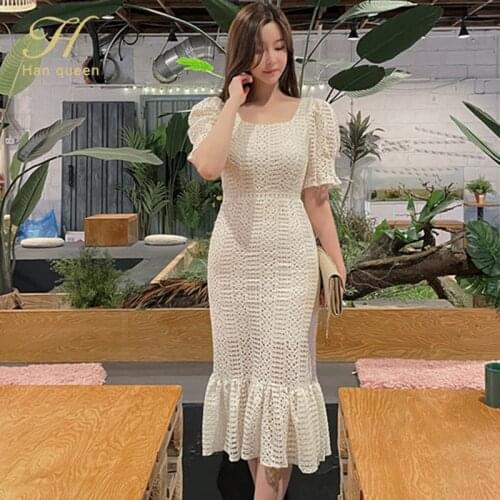 H Han Queen Elegant Lace Mermaid Dress Women Summer Sheath Office Wear Dresses Simple Mid-Calf Occupation Party Bodycon Vestidos