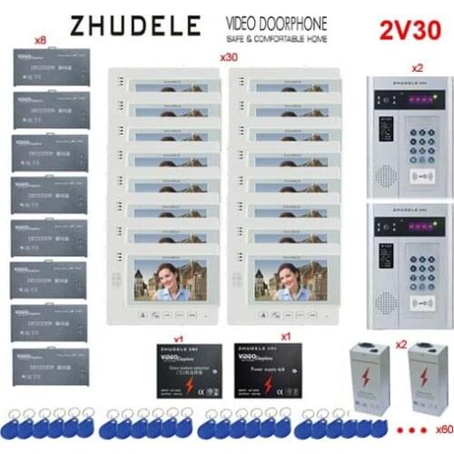 ZHUDELE Building Home security intercom system 30 Units Apartment Video Door Phone Bell Intercom System 7"TFT monitor for 2 Door