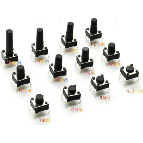 12 Values 120PCS 6x6x4.3/5/6/7/8/9/10/11/12/13/14/15mm Tact Switch Tactile Push Button Switch Kit Sets DIP 4P Micro Switch