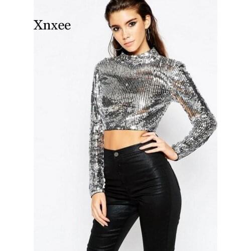 2021 Sequins Women Silver Shine Sweater Shirts Sexy Zipper Back Short Tops Female Casual Party Tees Ladies Stand Collar Clothing