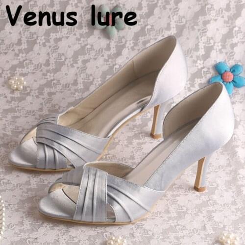 Satin Silver Peep Toe Pumps Women for Wedding High Heel Dress Shoes