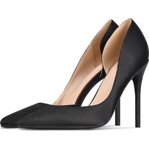 Black silk pumps 12cm high heeled shoes women fashion ladies sexy 10cm pointed toe shoes 8cm heel plus size 45 BM025 ROVICIYA