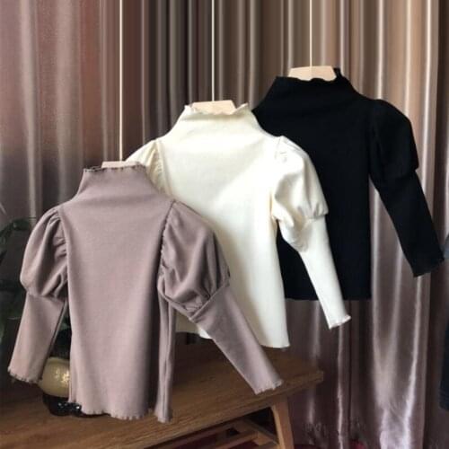 Spring Autumn Girls Blouse Long Puff Sleeve Shirts Kids Cotton Shirt Baby Toddler Girl Turtleneck Tops Tee Children Clothes