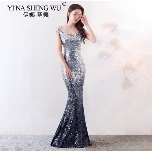 Mermaid Sequin Long Dress Sexy V-neck Off the Shoulder Gradient Color Evening Gown Dress Vestido Abiti Da Cerimonia Avondjurken