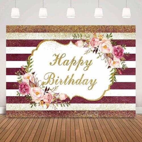 Golden Glitter Dots Happy Birthday Party Backdrop Wine Red Stripes Rose Adult Children Birthday Floral Background Flowers Rose