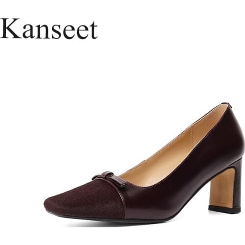 Kanseet 2021 New Women Pumps Spring Autumn Fashion Patchwork Handmade Elegant Footwear Square Toe Shallow 6.5cm High Heels Shoes