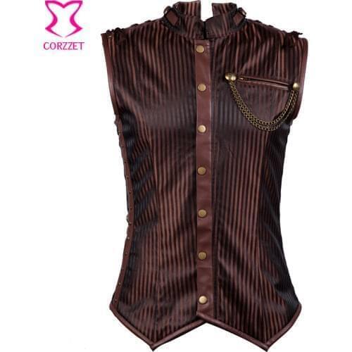 Brown Striped Stand Collar Sleeveless Mens Jacket Vintage Steampunk Steel Boned Corset Vest Jacket Gothic Clothing Men Waistcoat