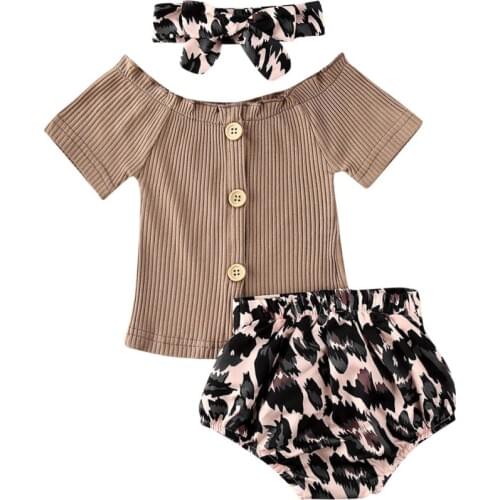0-24M Newborn Baby Girl Summer Clothes Knitted Tops Short Sleeve T-Shirt +Leopard Shorts +Headband 3pcs Outfits
