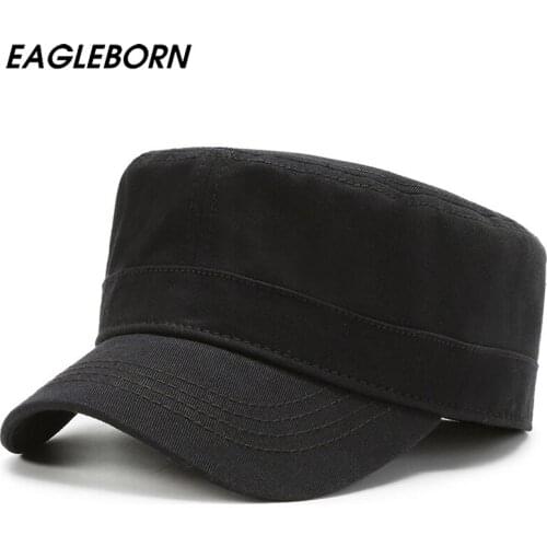 New Men Caps Solid Military Cap Fashion Men Military Army Green 100% Cotton High-quality Hat Washed 58cm Flat Top Hat Women