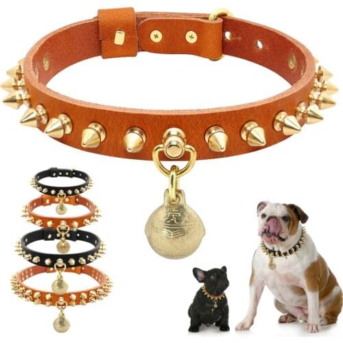 Genuine Leather Dog Collar Bulldog Pug Puppy Dogs Collars Necklace With Copper Bell 1 Row Rivets Studded For Small Medium Dogs
