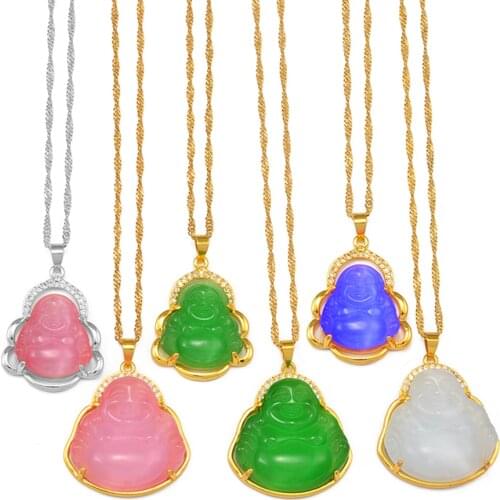 Anniyo Buddha Pendant Necklaces Women Pink/White/Green Amulet Chinese Style Maitreya Charms Jewelry Style Christmas Gift #242606