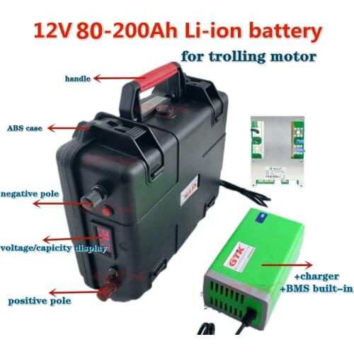 Rechargeable lithium-ion battery, waterproof, 12V 80Ah 120Ah 150Ah 180Ah 200 Ah, for electric motor boat propeller, with 10
