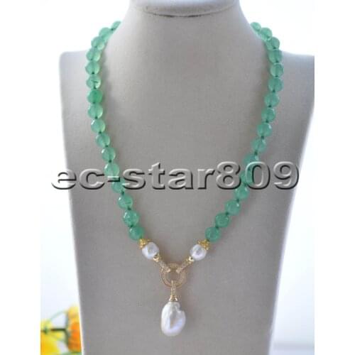 Z10123 19" Round Green Jade White Keshi Pearl Choker Necklace Pendant CZ