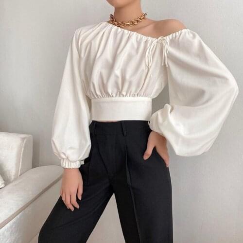 Womens Skew-collar Solid T-shirts Elegant Lantern Long Sleeve Female Lace Up Crop Top 2021 Office Ladies Casual White T-shirt