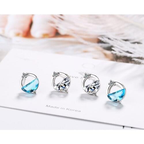 Blue Crystal Round 925 Sterling Silver Stud Earring For Women Small Jewelry Girls pendientes kolczyki oorbellen aretes