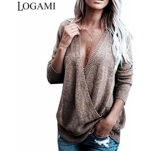 LOGAMI Deep V Neck Sexy Pullovers Women Autumn Winter Casual Fashion Sweater Female Knitted Jumpers
