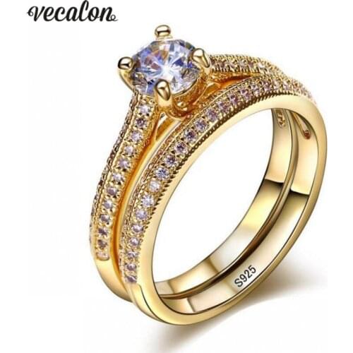 Vecalon 3 colors Lovers ring Set 5A Zircon Cz Gold Filled 925 silver Engagement wedding Band rings for women Bridal Jewelry