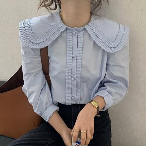 Women Long Sleeve Shirts Fashion New Gentle Blue Doll Collar Accordion Pleated Design Bound Button Loose Puff Sleeve Shirt Top